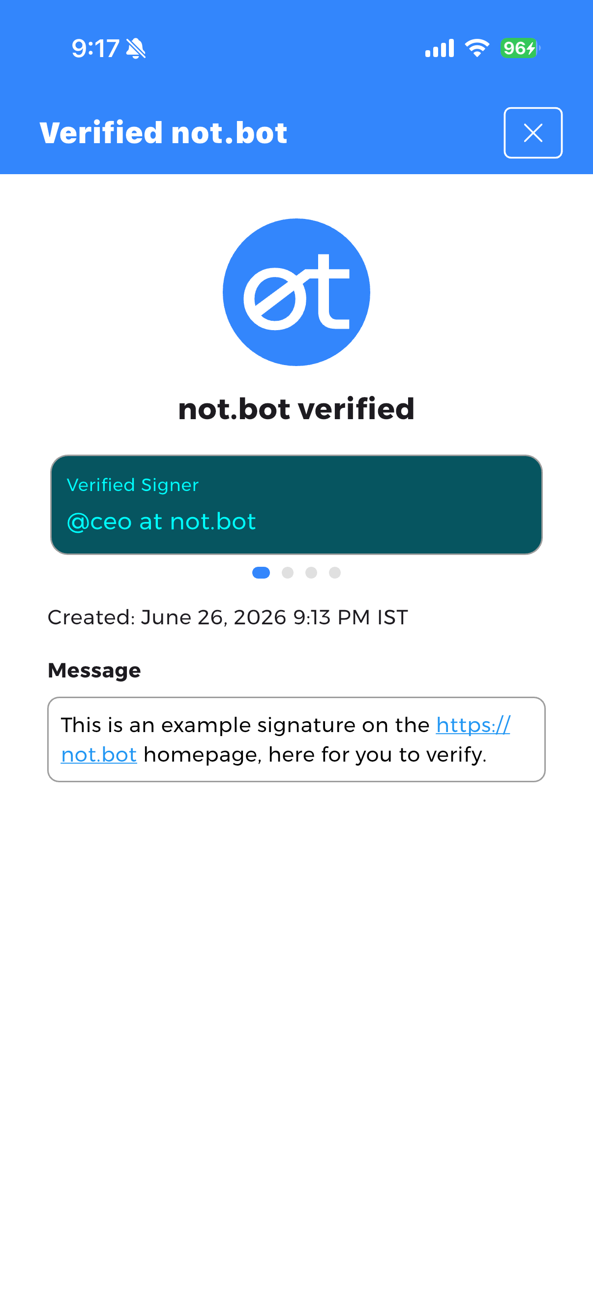 The not.bot app showing the verified result for the sample QR signature.